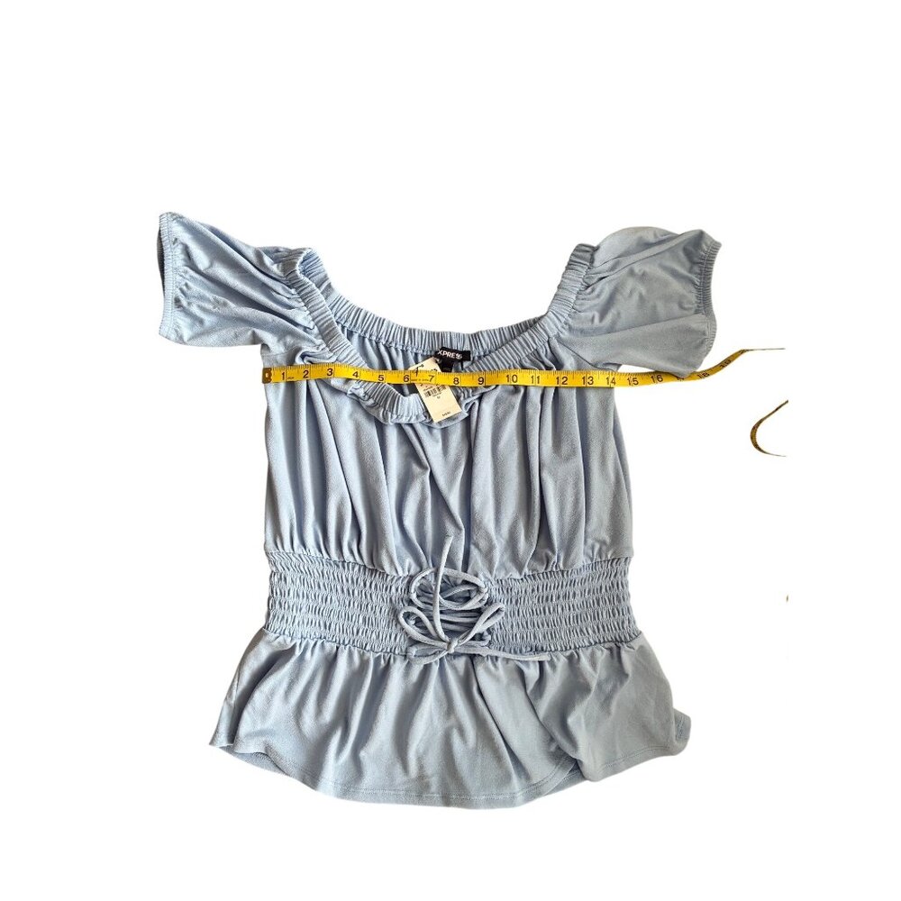 NWT Express Off-Shoulder Top Lace-Up Baby Blue‎ Smocked Waist Size Medium Blouse - Picture 5 of 13
